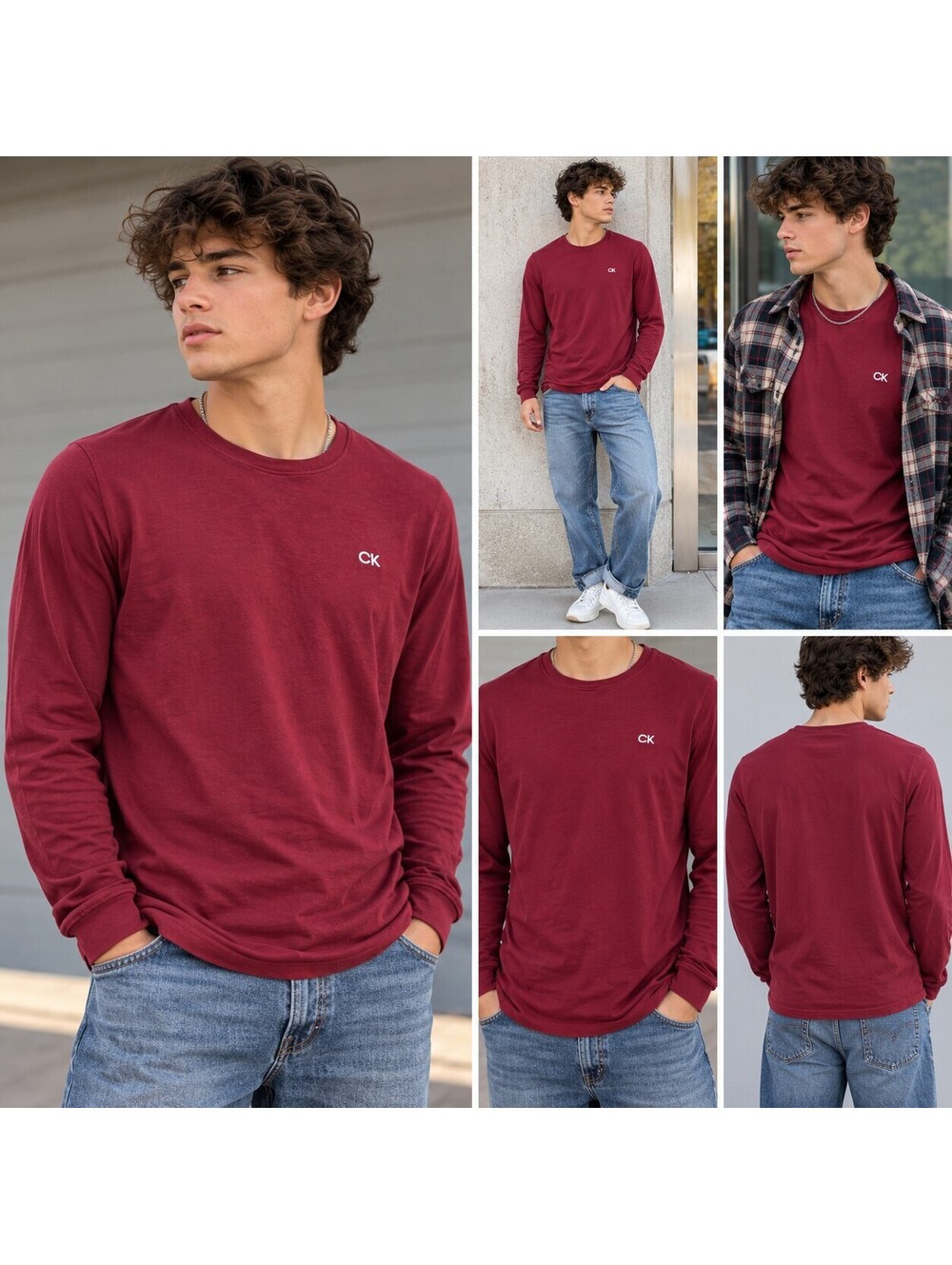 Calvin Klein Men’s XL Burgundy Long Sleeve Logo T-Shirt Minimalist Streetwear